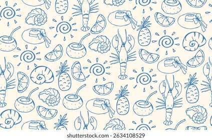 Hand drawn Italian Mediterranean seafood seamless pattern. Italy summer print, background with food, lobster, lemon, shell. Coast sea blue elements for Italy menu, wedding, sketch. Vector illustration