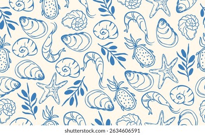 Padrão sem costura de frutos do mar mediterrâneo italiano desenhado à mão. Itália impressão de verão, fundo com comida, azeitona, ostra, concha, frutas. Elementos azuis do mar da costa para o menu da Itália, casamento, esboço. Ilus vetorial