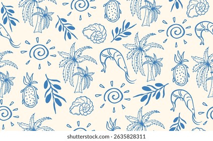 Motif harmonieux de fruits de mer méditerranéens italiens dessinés à la main. Impression d'été italienne, arrière-plan grunge, olive, coquille, fruits. Côte d'éléments bleu mer pour l'Italie menu, mariage, croquis. Illustration vectorielle