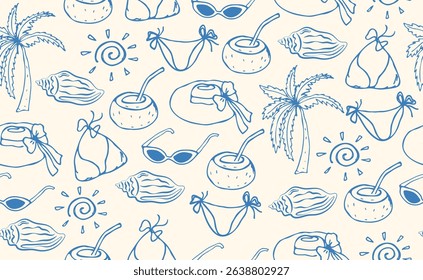 Hand drawn Italian Mediterranean seafood seamless pattern. Italy summer print, background with shell, fruits, bikini, palm, hat. Coast sea blue elements for Italy menu, wedding, sketch. Vector illustr