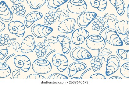 Hand drawn Italian Mediterranean seafood seamless pattern. Italy summer print, background with food, shell, fruits. Amalfi coast sea blue elements for Italy menu, wedding, sketch. Vector illustration