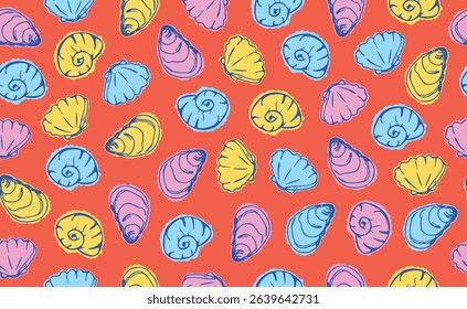 Hand drawn Italian Mediterranean seafood seamless pattern. Italy summer print, background with shell, oyster. Amalfi coast sea blue elements for Italy food menu, wedding, sketch. Vector illustration.