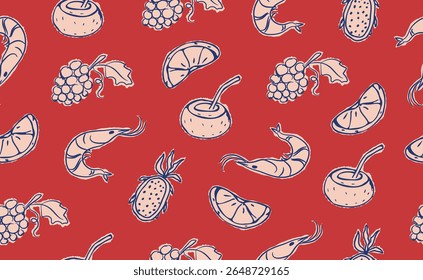 Hand drawn Italian Mediterranean seafood seamless pattern. Italy summer print, background with shrimps, tropical fruits. Coast sea blue elements for Italy food menu, wedding, sketch. Vector illustrati