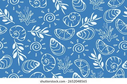 Padrão sem emenda de frutos do mar mediterrâneo italiano desenhado à mão. Itália impressão de verão, fundo com limão, azeitona, ostra, concha. Elementos do mar da costa de Amalfi para menu de Itália, casamento, esboço de comida. Ilus vetorial