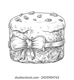 Hand drawn italian panettone. Sketch style Easter cake tied with a bow. Winter holiday Cake with raisins. Sweet bread. Vector illustration