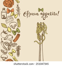 Hand drawn Italian pasta background. Colorful pasta, cheese, broccoli, garlic, chili pepper, rosemary, celery, olive oil, basil, champignon, tomato, spaghetti fork. 