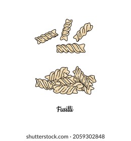 Hand drawn italian pasta fusilli, vector illustration isolated on white background. Traditional cuisine in colored sketch style for restaurant menu design.