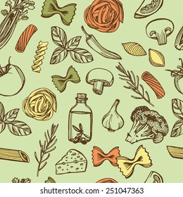 Hand drawn Italian pasta seamless pattern. Colorful pasta, cheese, broccoli, garlic, chili pepper, rosemary, celery, olive oil, basil, champignon, tomato. Green background