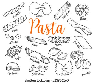 Hand drawn Italian pasta set. Collection of different types of pasta. Retro line art vector illustration. Gluten Food from wheat, flour.