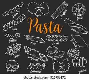 Hand drawn Italian pasta set. Collection of different types of pasta. Retro line art vector illustration. Gluten Food from wheat, flour.