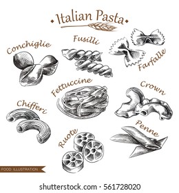 Hand Drawn Italian Pasta Set Isolated On White Background. Collection Of Different Types Of Noodle Sketch Vector Illustration. Retro Style