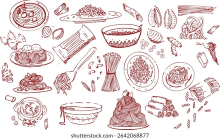 Hand drawn Italian pasta vector set in vintage doodle sketch style. Includes spaghetti, penne, ravioli, macaroni, fusilli, farfalle. Perfect for restaurant menu, packaging, poster, and kitchen decor.