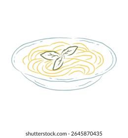 Handgezeichnete italienische Pasta, Vektorgrafik. Pasta mit Basilikumblättern in Keramikplatte. Vintage Skizze Stil Food Art für Menü-Design, Restaurant. Traditionelle mediterrane Küche.
