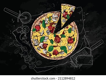 Hand Drawn of Italian Pizza with Cheese, Mushroom, and Tomato Sauce