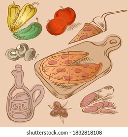 Hand drawn italian pizza with pepper, tomato, olives, pepperoni and champignon and olive oil on white background. Vector illustration with slice of pizza and vegetables.
