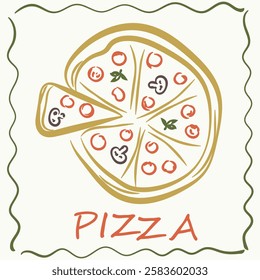 Hand drawn italian pizza poster. Traditional italy food in doodle style. Minimal homemade dinner. Pizza Club. Chalk crayon sketch dish for for menu, wine, lunch. Isolated lines vector illustration.   