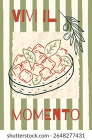 Cartaz italiano desenhado à mão com tomates e manjericão bruschetta, ramo de oliveira. Vintage arte da parede de comida em estilo de esboço para cozinha, decoração do restaurante, menu, interior do café.

