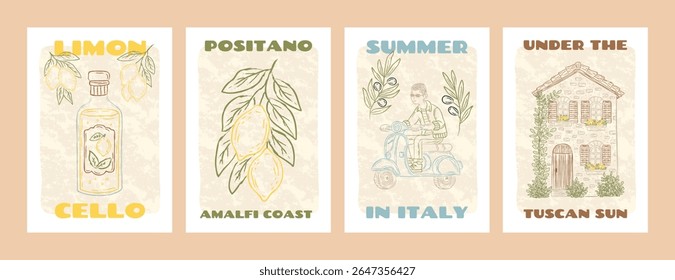 Hand drawn Italian posters set with limoncello bottle, lemons, Tuscan house, scooter rider. Vintage Mediterranean travel illustrations for wall decor, branding, packaging, postcards.
