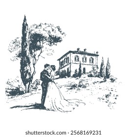 Hand drawn Italian style vintage wedding couple, Tuscany landscape sketch black and white drawings