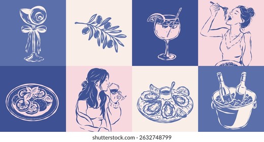 Ilustrações de comida e bebida de verão italianas desenhadas à mão. Massas, ostras, vinho, coquetéis, azeitonas, mulheres, caprese, sobremesa. Romântico conjunto mediterrâneo. Esboço vetorial, fundo pastel.