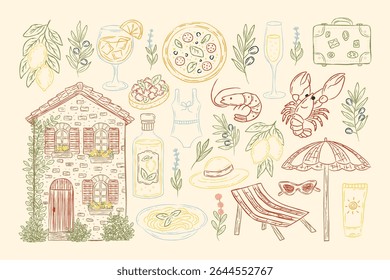 Hand drawn Italian summer illustration collection. Food, drinks, house, lemons, beach accessories, seafood, and herbs for postcards, branding, packaging, travel promotions.
