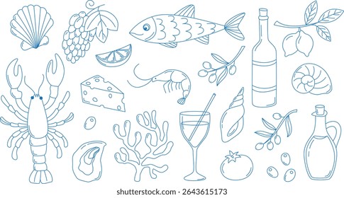 Conjunto mediterrâneo de verão italiano desenhado à mão.  Ilustração com conchas, lagosta, vinho, limões, vidro, garrafa, camarão, azeitonas, corais, uvas, tomate, queijo, sardinhas em estilo doodle
