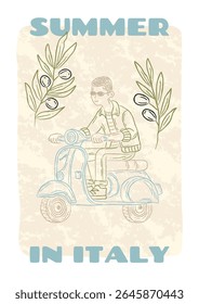 Cartaz de verão italiano desenhado à mão com homem montando scooter vintage, ramos de azeitona, fundo retro. Ilustração de esboço de vetor de viagem, cartão de férias, cartão postal para decoração de parede, design de lembrança.
