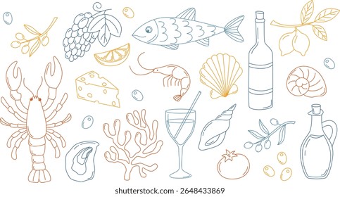 Hand drawn italian summer set of various food and drinks in doodle style. Mediterranean vacation collection with lemons, tomato, seashells, lobster, wine, shrimp, olives, corals, grapes, cocktail