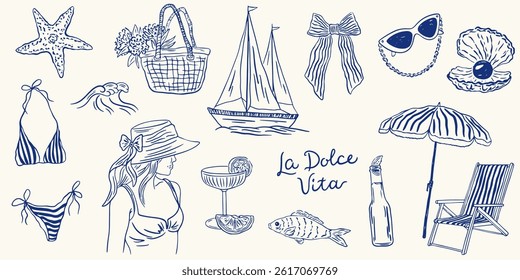Hand drawn Italian summer vacation illustration set. Vector summer elements in grunge rough doodle sketch style. Sea weekend blue chalk charcoal style drawings for poster, placard or emblem.