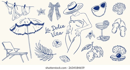 Hand drawn Italian summer vacation illustration set. Palm tree, lemon, cocktails and seashells in doodle sketch style. Sea weekend or rest collection for invitations to beach party, wedding, picnic.