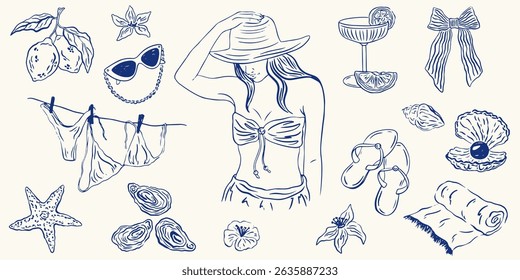 Hand drawn Italian summer vacation illustration set. Palm tree, lemon, cocktails and seashells in doodle sketch style. Sea weekend or rest collection for invitations to beach party, wedding, picnic.