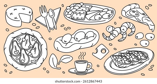 Hand drawn Italian traditional food illustration - pizza and coffee cup, cheese and olive, seafood and greenery. Doodle outlines of Mediterranean dishes and drinks. Restaurant menu design elements.