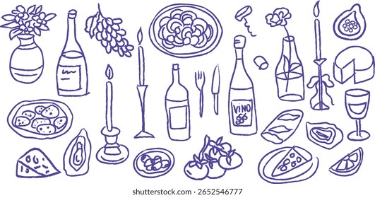 Conjunto de ícones de desenho à mão de vinho italiano e jantar doodle. Massa, fatia de pizza, queijo, garrafas de vinho, luz de velas, uvas, figo, ostras e decoração floral. Rústico esboço de tinta romântica para design gourmet.
