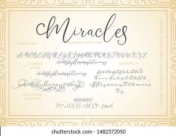 Hand drawn italics vector alphabet ABC with letters, numbers, symbols. For calligraphy, lettering, hand made quotes.