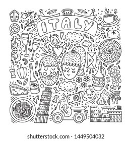 Hand drawn Italy doodle set. Italy hand drawn elementss and vector illustrations. Coloring about Italy and attractions