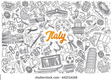 Hand drawn Italy doodle set background with orange lettering in vector