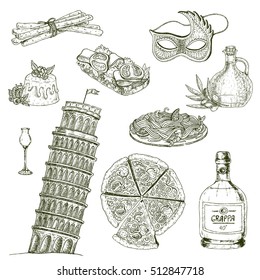 Hand drawn italy elements set with monochrome images of drinks food and leaning tower of piza vector illustration 