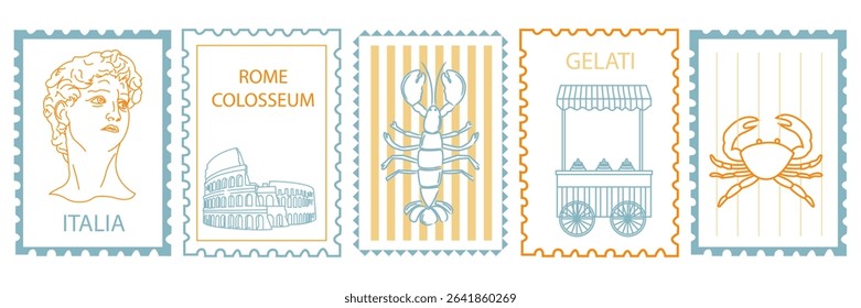 Hand drawn Italy postcard illustrations. Colosseum in Rome, Michelangelo’s David bust, lobster, crab, and gelato cart. Italian travel and food doodles in retro stamp frames. Vector flat linear design.