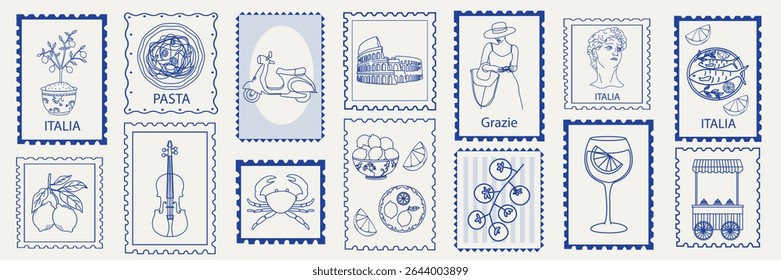 Hand drawn Italy postcard stamps. Italian travel elements. Vector doodle sketch illustration. Retro Italy sea vacation