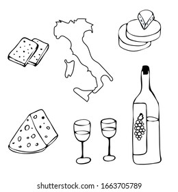 Hand drawn Italy symbols and landmarks set. Travel collection. Traditional food italy