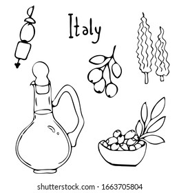 Hand drawn Italy symbols and landmarks set. Travel collection. Traditional food italy