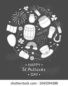 Hand drawn items for Saint patrick's day celebration composed in circle shape with lettering.