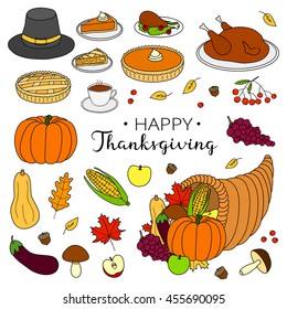 Hand drawn items for thanksgiving day celebration isolated on white background.