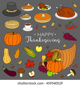 Hand drawn items for Thanksgiving day celebration isolated on chalkboard background.