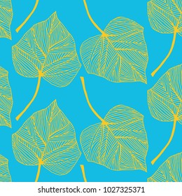Hand drawn Ivy leaves vector pattern in golden and turquoise blue colors palette