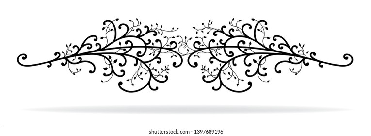 Hand Drawn Ivy Vine Leaves With Curls Swirls And Flourishes Isolated On White Background In A Symmetrical Fancy Vector Design, Wedding Or Document Underline Or Divider Design Element