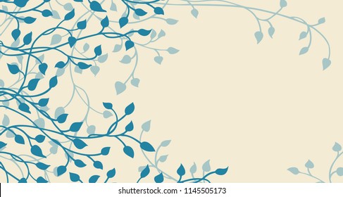hand drawn ivy and vines in blue on a yellow background in a pretty entwining tangle of leaves climbing up the side border in a floral nature vector pattern for wedding announcements or invitations