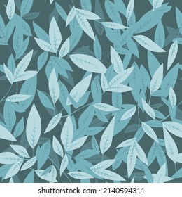 Hand drawn ivy and vines overlay in light blue green on a blue background layers seamless pattern of leaves in a floral nature vector design.	