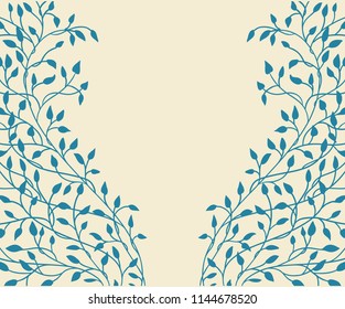 hand drawn ivy and vines in yellow on a blue background in a pretty entwining tangle of leaves climbing up the side borders in a floral nature vector pattern