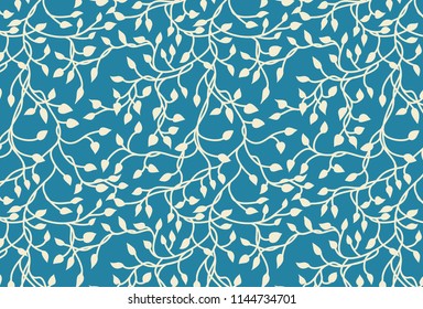 hand drawn ivy and vines in yellow on a blue background in a pretty entwining tangle of leaves in a floral nature vector pattern